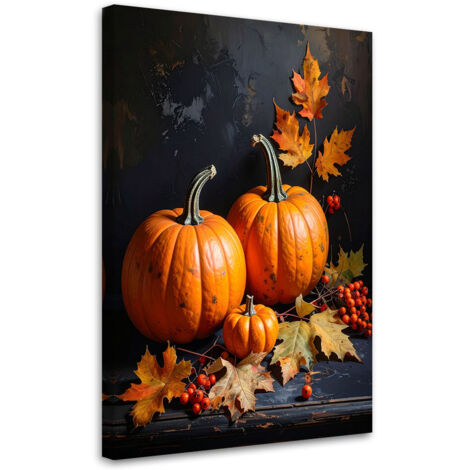 Tableau déco Composition automnale avec citrouilles Décoration aux couleurs chaudes sur fond sombre 70x100 (1/4)