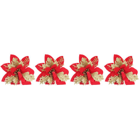 4 fleurs artificielles de Noël Poinsettia rouge et or pailletées pour sapin (1/5)