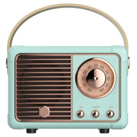 Haut-parleur Bluetooth vintage avec radio FM rétro, style classique, son puissant, connexion sans fil Bluetooth 5.0, compatible carte TF, couleur bleue.