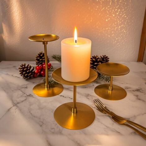 3 supports métalliques pour bougies, décoration de Noël pour bougies de table (bougies non incluses), diamètre 9 cm, trois hauteurs (1/4)
