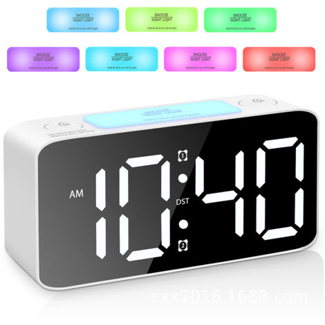 Réveil pour gros dormeurs avec veilleuse 7 couleurs, volume réglable, chargeur USB, blanc - idéal chambre adulte (1/5)
