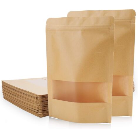 30 sacs kraftpapier 12x20+4 cm avec fermeture zip réutilisable et fenêtre transparente, sacs alimentaires debout (1/5)