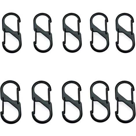 Lot de 10 mousquetons en S, 8 en forme de D et 2 à ouverture de 32 mm, idéal pour camping, randonnée et activités extérieures, noir. (1/5)
