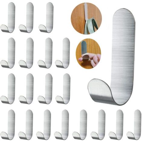 20 crochets muraux en acier inoxydable avec adhésif pour suspendre manteaux, ustensiles de cuisine, serviettes, sacs (lot de 20 - argent) (1/5)