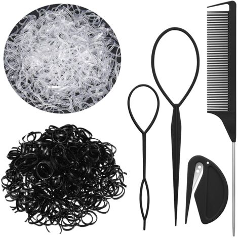 Bandeau élastique noir transparent mini pour cheveux, avec pince à cheveux, accessoire coiffure, peigne fin, idéal pour filles, femmes, coiffures de poupées. (1/5)