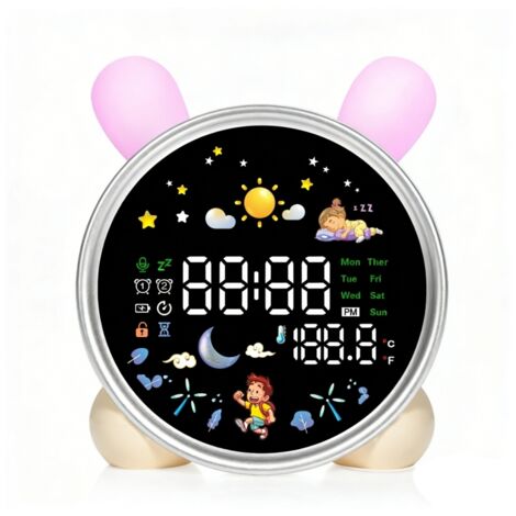 Réveil enfant avec veilleuse, horloge "OK to Wake" pour l'apprentissage du sommeil, minuterie sieste et détecteur de température, décoration chambre mignonne en forme de lapin. (1/3)