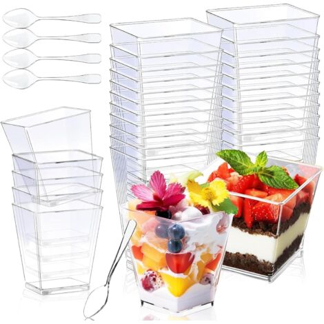 Lot de 50 verrines transparentes avec cuillères, 60 ml, bols mini-desserts en plastique réutilisables pour événements