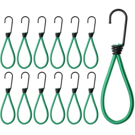 12 cordes élastiques robustes avec crochets, mini sangles extensibles pour camping, fixation bâches et toiles (vert) (1/5)