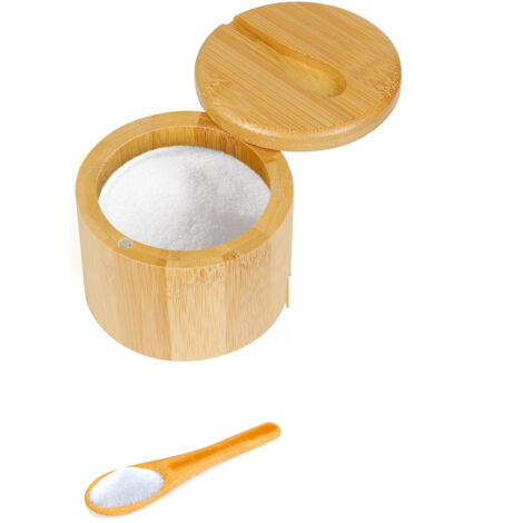Boîte à épices en bambou avec couvercle pivotant magnétique et cuillère, pour sel, poivre, sucre et épices - 6 oz (1/5)