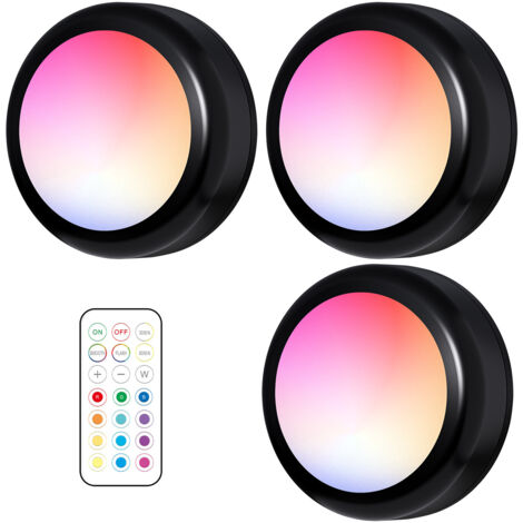 Lampadaires LED à télécommande, éclairage d'armoire sans fil, lumière colorée avec variateur et minuterie, alimentation par piles AAA, pack de 3 (noir) (1/5)