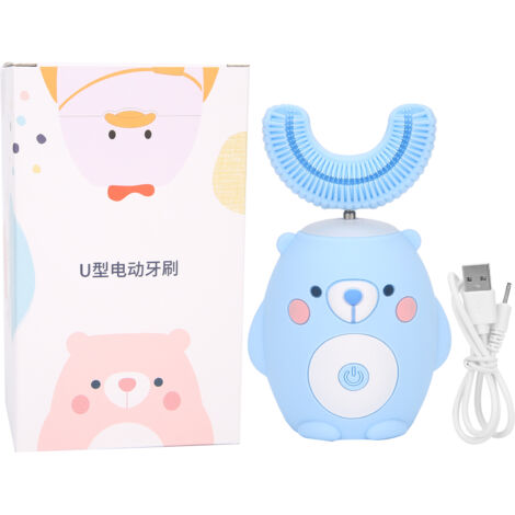 Brosse à dents électrique automatique en U pour enfants avec motif ourson mignon - Bleu (1/5)