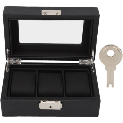 Boîte à Montres 3 Emplacements avec Serrure, Écran Transparent, en Simili Cuir Noir pour Hommes et Femmes - Étui de Rangement pour Bijoux et Bracelets (1/5)