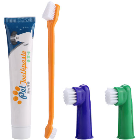4 Pièces Brosse à Dents Double Tête pour Chien et Chat, Kit de Soin Dentaire avec Brossette Doigt et Dentifrice (1/5)