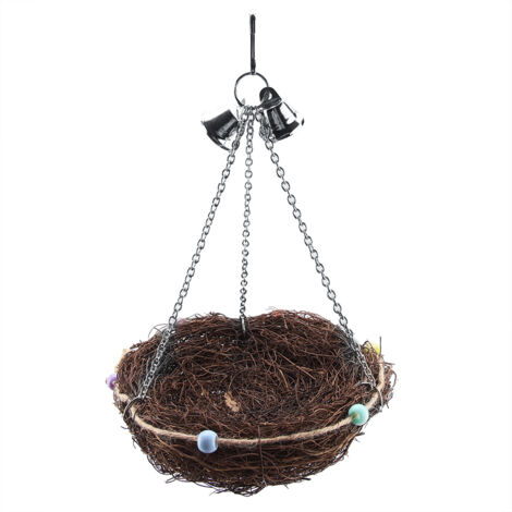 Nid en osier pour perrochet avec balançoire et clochettes, jouet suspendu (27 x 20 cm) (1/5)