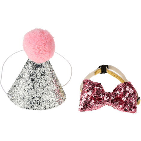 Chapeau d'anniversaire mignon pour chien et chat avec nœud papillon rose (1/4)