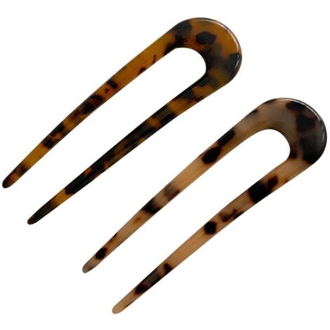 2 Épingles à Cheveux en U Style Français Barrette Double Fourche Coque Tortue pour Chignon Accessoires Coiffure Femmes Filles (1/5)