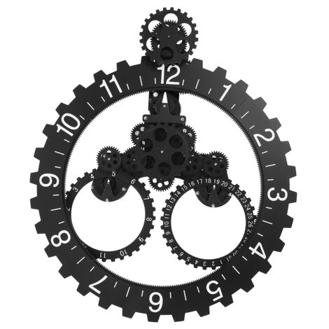 Horloge Murale Mécanique Moderne 3D avec Engrenage Calendrier Rotatif Noir (1/5)