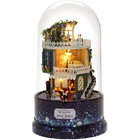Maison de poupée DIY créative avec boîte à musique rotative, couvercle anti-poussière et éclairage LED (1/5)