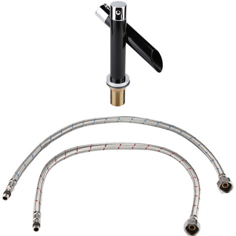 Robinet de Lavabo Salle de Bains Noir Mat, Mitigeur Eau Froide et Chaude (Standard UK G1/2") (1/5)
