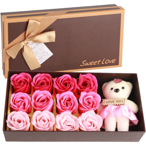 Ourson en Peluche avec 12 Roses en Savon - Cadeau Saint-Valentin Romantique Boîté (Rose) (1/5)