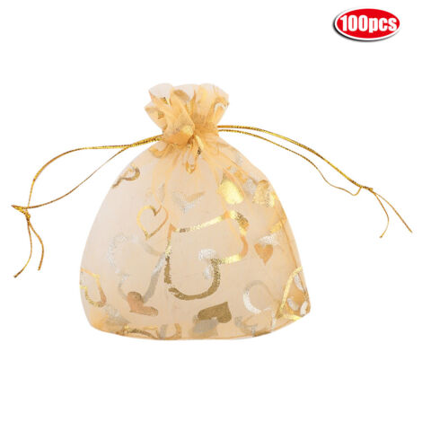 100 pièces Sachets Filet à Cordons pour Cadeaux de Mariage, Bonbons et Bijoux, 5 Couleurs (Doré) (1/5)