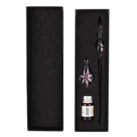 Stylo Plume Signature Élégant en Verre Cristal avec Fleur et Support Encre Rose (1/5)