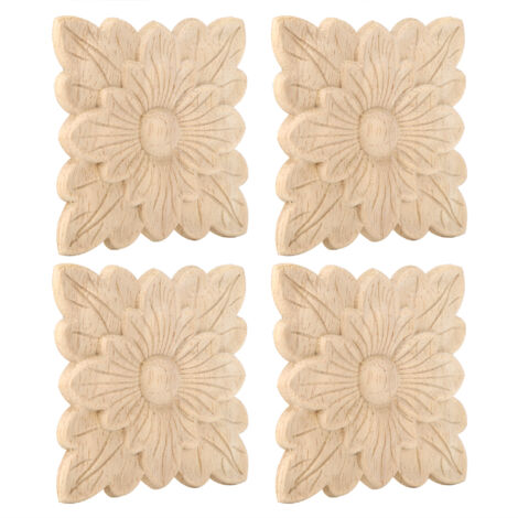 4 Pièces Appliques Bois Sculpté Motif Fleur pour Décoration Meuble et Porte Jardin