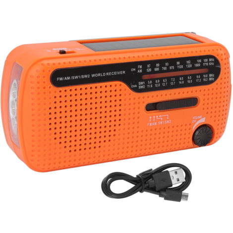 Radio de secours multifonction AM/FM/SW1/SW2 à manivelle, solaire et lampe torche LED pour camping extérieur orange (1/5)
