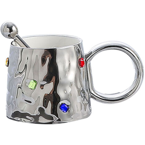 Tasse à café en céramique avec décoration pierre colorée, design simple et élégant, poignée ronde, idéale pour maison, voyage ou cadeau, finition argentée. (1/5)