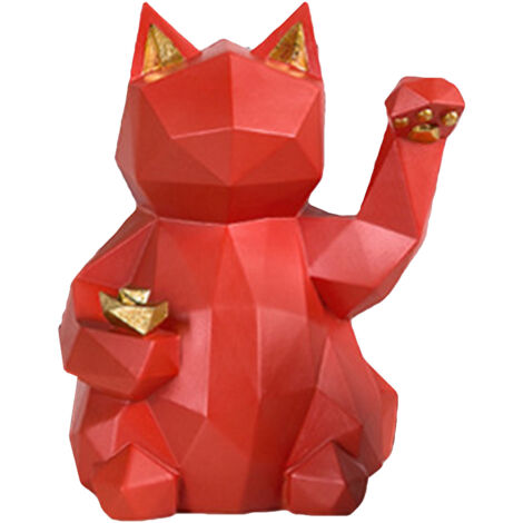 Figurine Maneki Neko Chat Porte-Bonheur en Résine Écologique Rouge Vif, Style Géométrique, pour Bureau, Étagère ou Table (1/5)