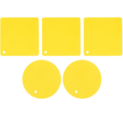 Lot de 5 dessous-de-plat en silicone alvéolé - 2 ronds et 3 carrés - Antidérapants pour plats chauds et protection de table - Jaune (1/5)