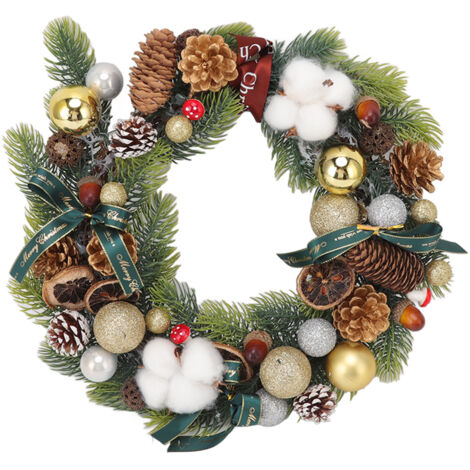 Couronne de Noël en Pommes de Pin avec Boules de Coton, Décoration Murale Porte d'Entrée Festive pour Intérieur Vert (1/5)