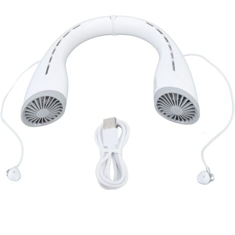 Ventilateur de cou sans fil Bluetooth avec écouteurs, rechargeable USB 4000mAh, portable mains libres, silencieux et sans pales, blanc (1/5)