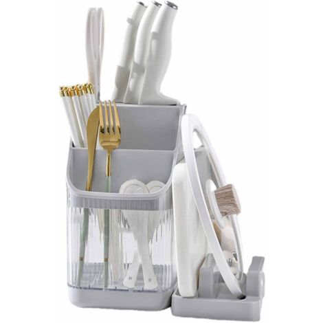 Bloc à couteaux avec bac de rangement et égouttoir transparent - Organisateur d'ustensiles de cuisine gris (1/5)