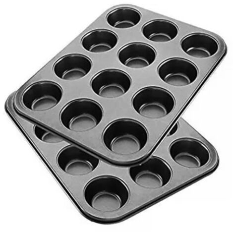 2 Pièces Moule à Muffins 12 Cavités Acier Carbone Revêtement PTFE Antiadhésif Nettoyage Rapide Gris pour Cuisine (1/5)