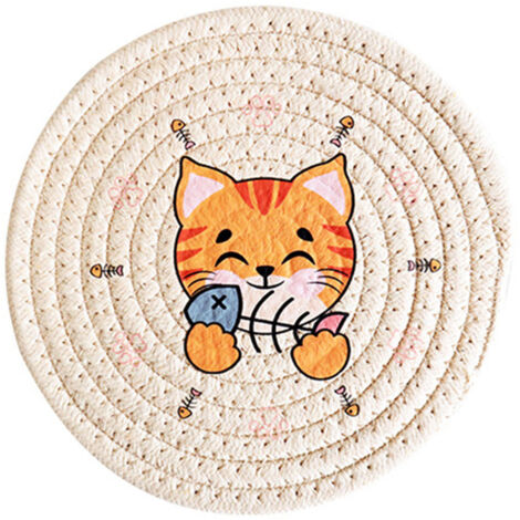 Tapis isolant rond 18cm pour table - Couleur khaki et orange motif chat - Protection contre la chaleur (1/5)