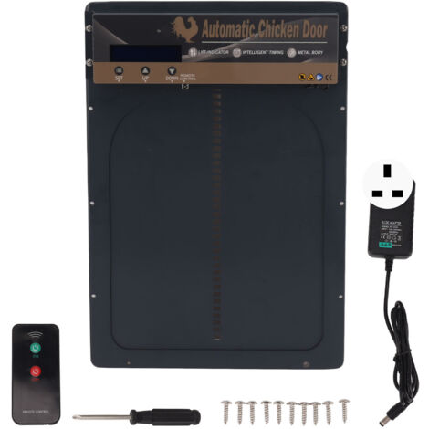 Porte automatique pour poulailler avec capteur de lumière, télécommande, écran LED et minuterie - Alimentation batterie et secteur 100-240V - Prise UK - Gris (1/5)