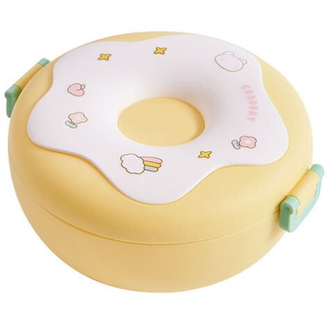 Boîte Bento Rond Donut avec Couvercle Fourchette Cuillère, Récipient Repas Chauffable Plastique pour Bureau École Jaune