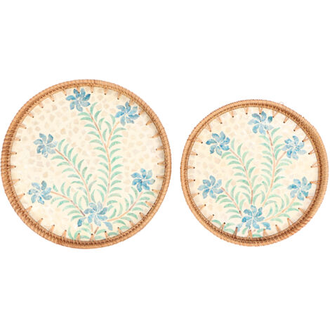 2 pièces Plateau de Service Rond en Rotin Tressé, Style Artisanal Écologique pour Snacks, Fruits, Décoration avec Motif Cymbidium (1/5)