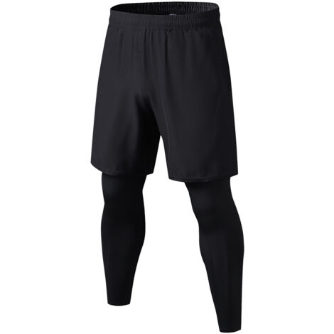 Pantalon de sport 2 en 1 pour homme - Legging extensible et respirant pour running, fitness et activités extérieures avec poches - Noir Taille L (1/5)