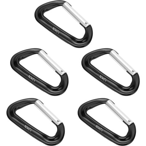 5 Pièces Mousquetons en Alliage d'Aluminium 12KN (2697 Lbs) - Anneaux en D Robustes pour Escalade, Randonnée et Camping - Noir (1/5)
