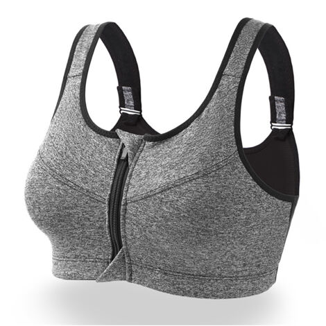 Soutien-gorge de sport respirant à bretelles larges et fermeture éclair, idéal pour le running et le yoga, couleur gris clair. (1/5)