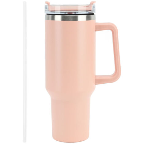 Gourde isotherme en acier inox 40 oz avec paille et poignée, tasse voyage rose pour café (1/5)