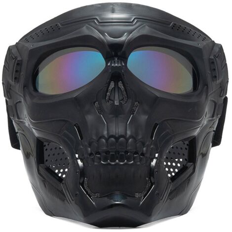 Masque de moto crâne - lunettes de course avec sangle réglable antidérapante pour VTT - lentilles noires multicolores