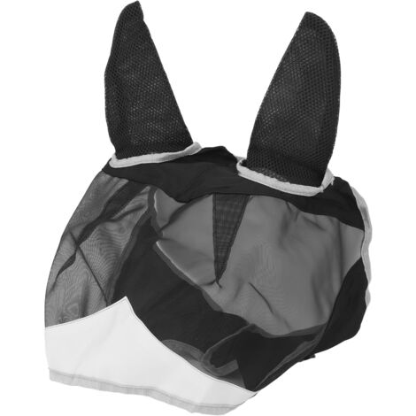 Masque Anti-Mouches pour Cheval en Maille Fine Respirante, Protection Contre les Piqûres avec Oreilles Longues, Nez Long, Noir et Gris