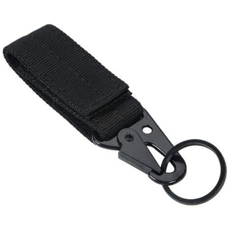 Mousqueton noir multifonction pour équipement d'escalade et camping, boucle en sangle nylon résistante pour accrochage extérieur et porte-clés.