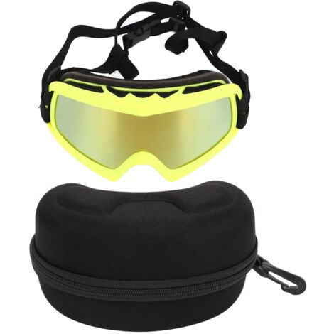 Lunettes de protection UV anti-vent et poussière pour grand chien, avec sangle ajustable et verres rouges sur monture jaune. (1/5)