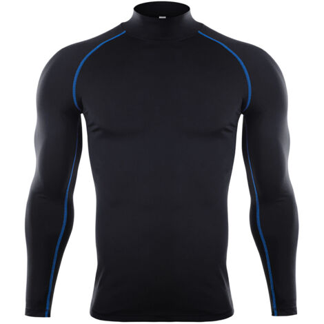Haut de sport compressif pour homme à manches longues, élastique et respirant, idéal pour l'entraînement - Modèle lignes noires et bleues (1/5)