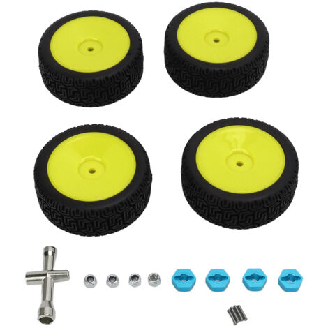 4 pneus en caoutchouc haute résistance pour voitures RC 1/10, durables avec excellente adhérence et amorti, couleur jaune vif.