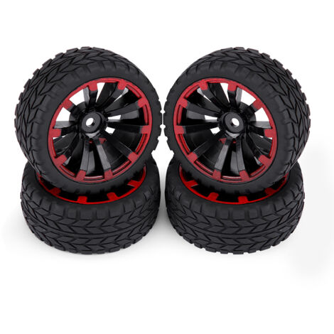 Jeu de 4 pneus en caoutchouc pour voiture RC 1:10, idéal pour la course et le tout-terrain, avec jantes et motif gravé. (1/5)